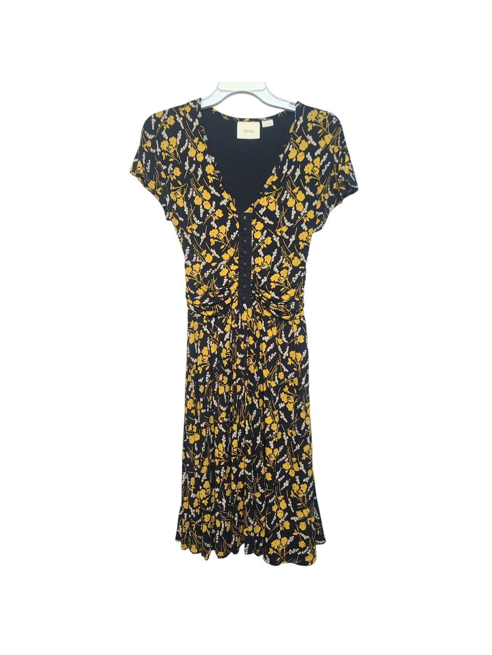 Anthropologie Maeve Ruched V-Neck Midi Dress Black Floral XS OB683244